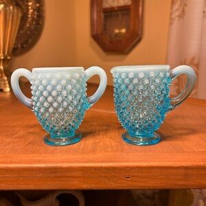 Vintage Fenton Aqua Blue Opalescent Hobnail Glass Creamer and Sugar Set